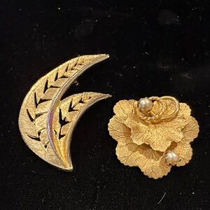 Gold Floral and Crescent Brooch Set - Women Jewelry